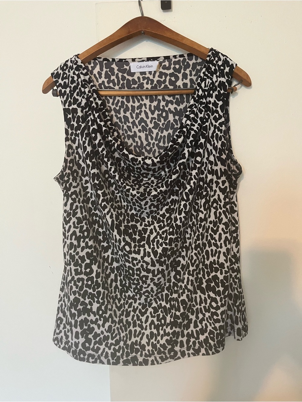 Calvin Klein Black and White Leopard Print Cowl Neck Tank